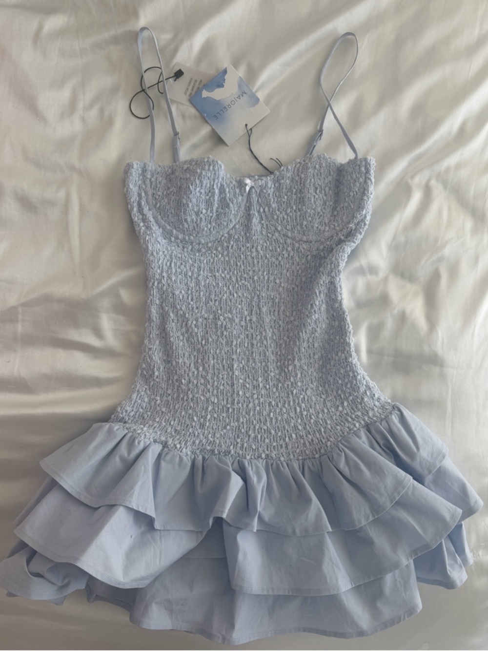MAJORELLE Light Blue Smocked Ruffle Mini Dress